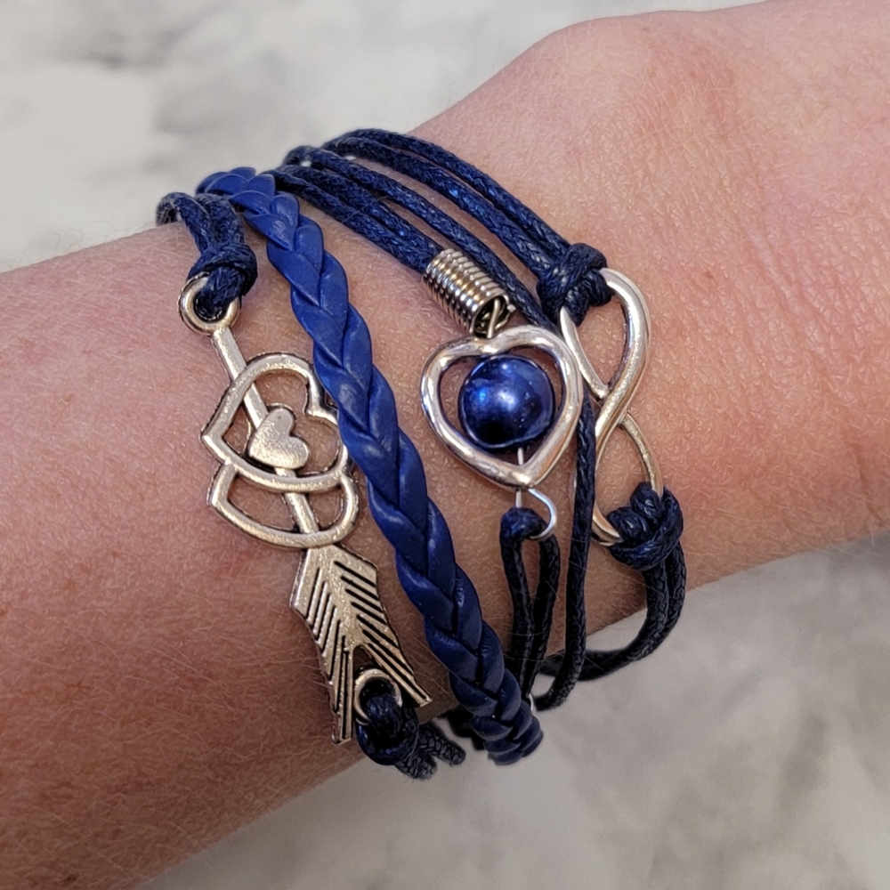 Boho Blue Mutli Strand Bracelet Silver Tone Charm‎ Infinity Heart Arrow Bohemian